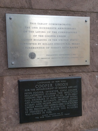 Historical plaques on Cooper's Union, New York City