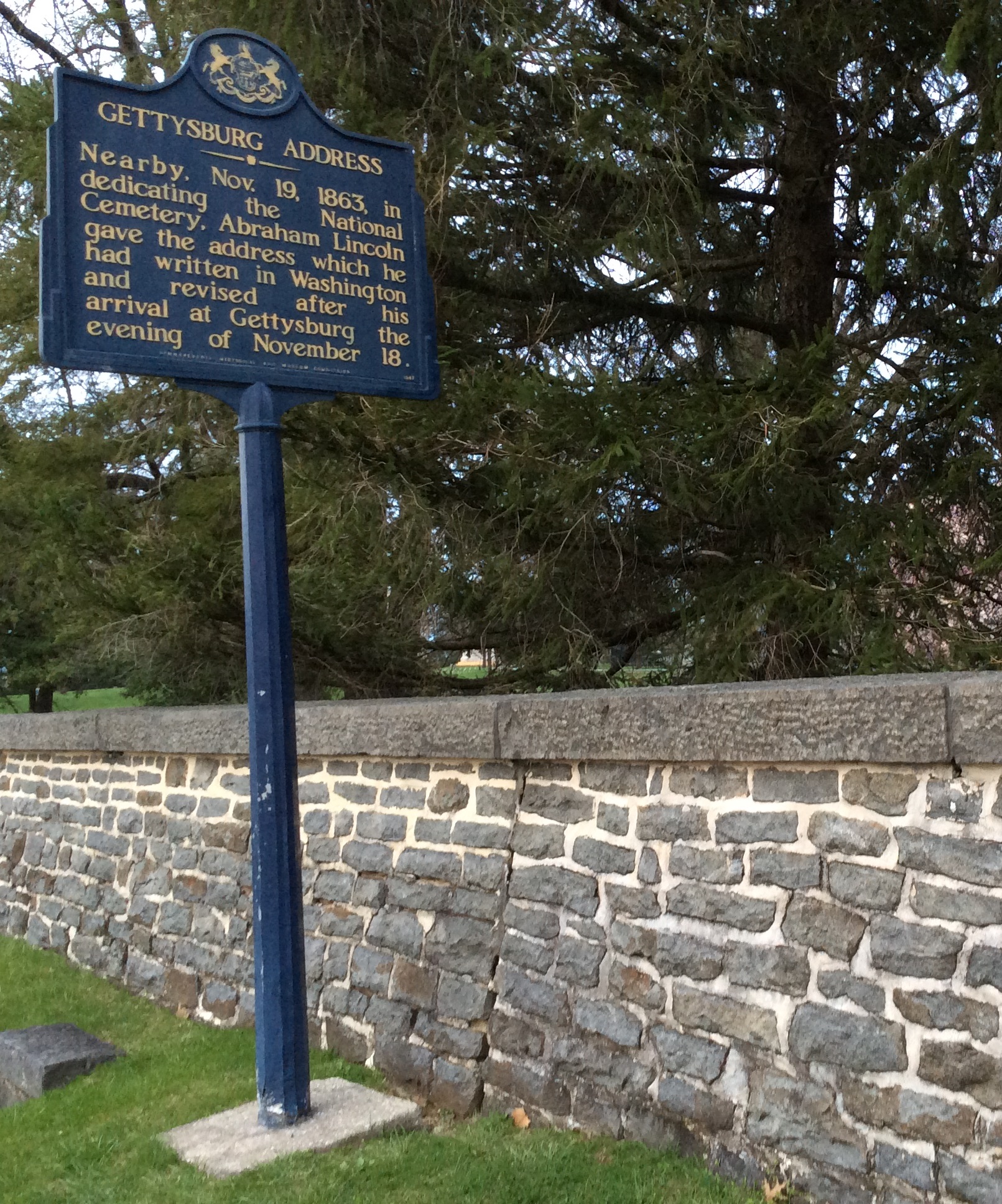 Gettysburg Address historical marker at Gettysburg National Cemetery